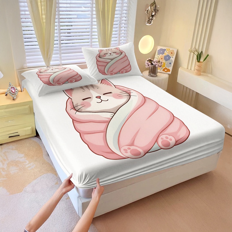 Fitted Bed Sheets Deep Pocket - Niedliches Katzenmuster Spannbettlaken-Set Gemütliche Schlafende Katze