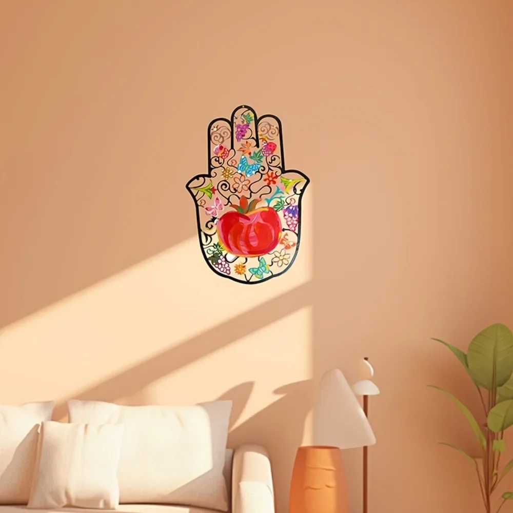 Home Decor - CIFBUY Hamsa-Hand-Wandkunst aus Metall, bunte Granatapfel-Blumen-Schmetterlings-2D-Ausschnitt-Hängedekoration
