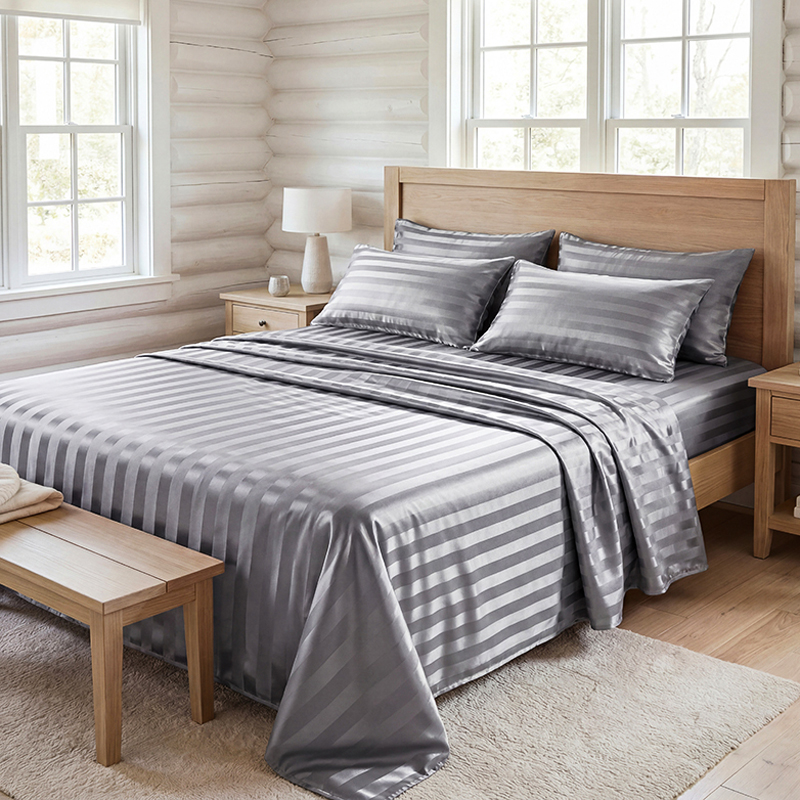 Fitted Bed Sheets Deep Pocket - Knitterfreies gestreiftes Satin-Bettwäsche-Set, kühlendes seidiges Bettwäsche-Set